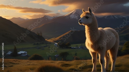 Fluffy Alpacas Roaming in a Mountain Grassland Under the Sun
