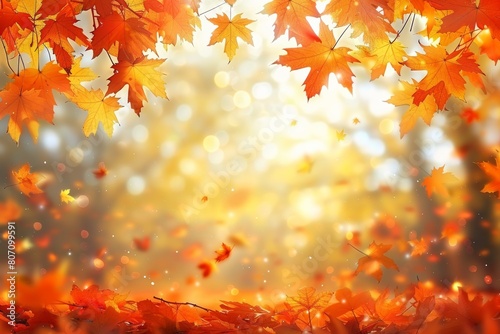  orange fall leaves in park, sunny autumn natural background