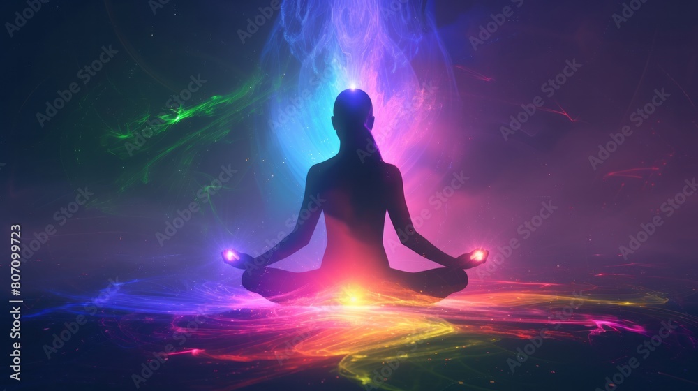 Silhouette of a person sitting in a lotus position in meditation with a bright multi-colored aura	
