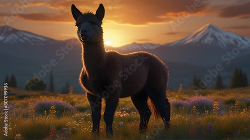 Fluffy Alpacas Roaming in a Mountain Grassland Under the Sun