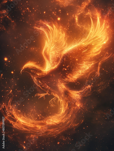 Illustration of a Firebird with a Majestic Tail. Phoenix In the starry sky, Illustration for books