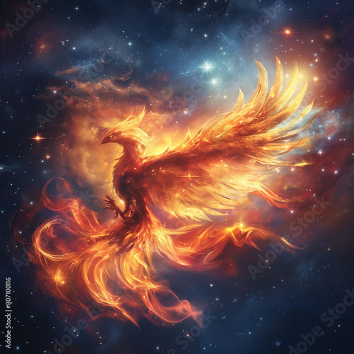 Illustration of a Firebird with a Majestic Tail. Phoenix In the starry sky, Illustration for books © Daria