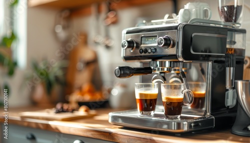 Modern coffee machine with glasses of hot espresso on table in kitchen © Denis