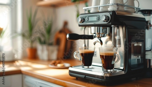 Modern coffee machine with glasses of hot espresso on table in kitchen