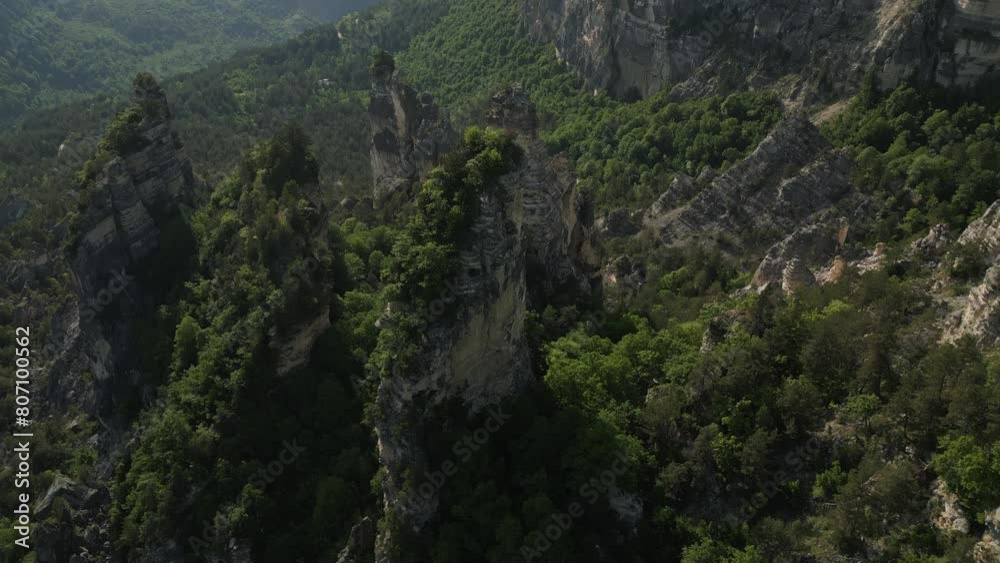 sheer cliffs, rock massif Sairme pillars in Georgia in caucasus, aerial view sheer cliffs, rock massif Sairme pillars in Georgia in caucasus, aerial view