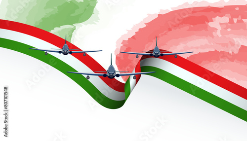 Tricolor in the skies for Republic Day air show,  jet parade in Italy  flag ribbon banner with black and white background, poster, card, template, layout. Italy patriotic National holiday promo © RomanWhale studio