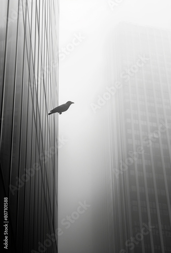 Black and white minimalist photograph of a crow on the edge of a building.Minimal creative nature and urban concept.