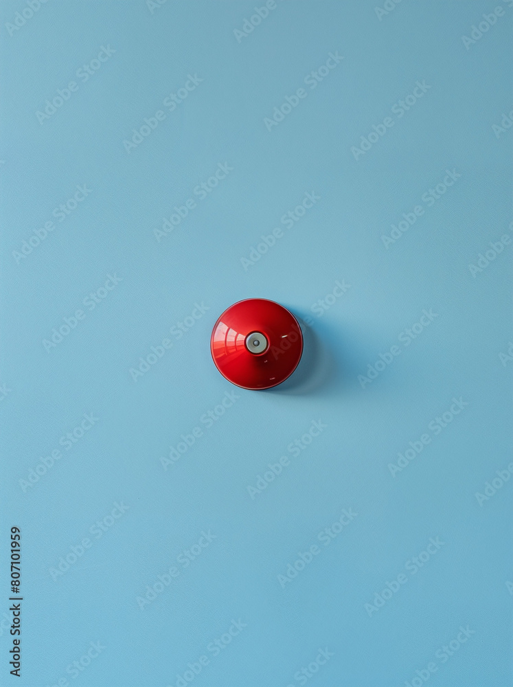 Minimalistic photograph of a small fire alarm against blue background.Flat lay Minimalistic photograph of a small fire alarm against blue background.Flat lay