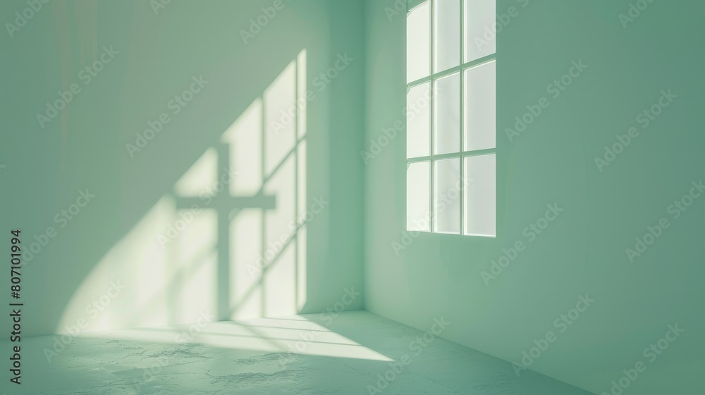 Fototapeta premium Shadow of cross in empty room with light coming from the window.