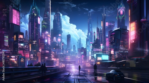 Futuristic night city panorama with skyscrapers and high-rise buildings photo