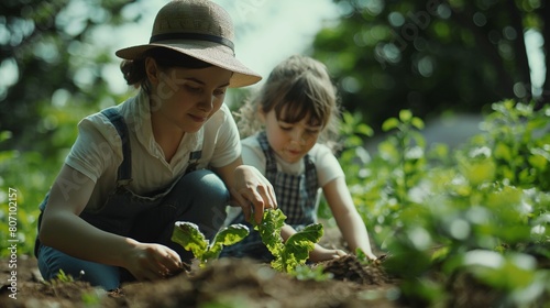 Wallpaper Mural Mother in denim overalls with straw hat and daughter child crouch take care of plant vegetables on soil ground Torontodigital.ca