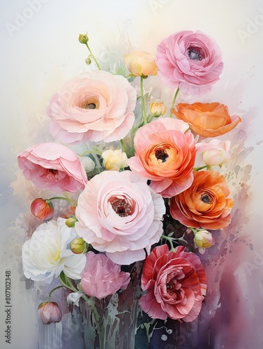 Graceful watercolor of mixed flowers including lisianthus and ammi, pastel tones against white, emphasizing a tranquil and joyful atmosphere ,  against pur white background photo