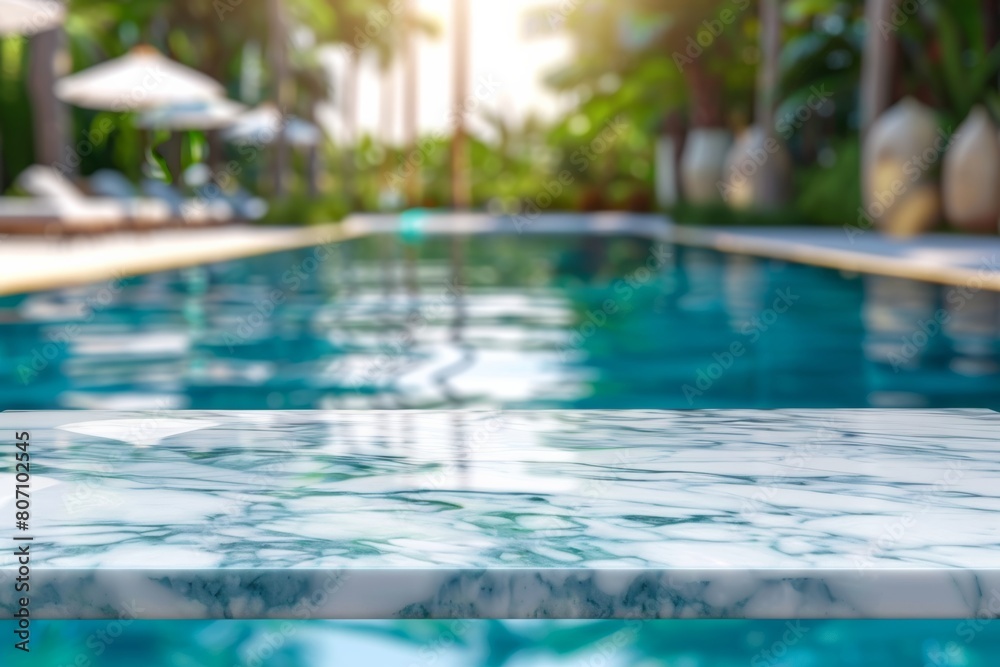 Empty white marble stone table top and blurred swimming pool in tropical resort in summer banner background - can used for display or montage your products. 