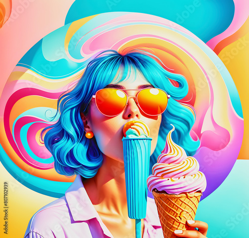 Pretty woman with sunglasses and blue hair eating a refreshing ice cream on multiple vivid color background.