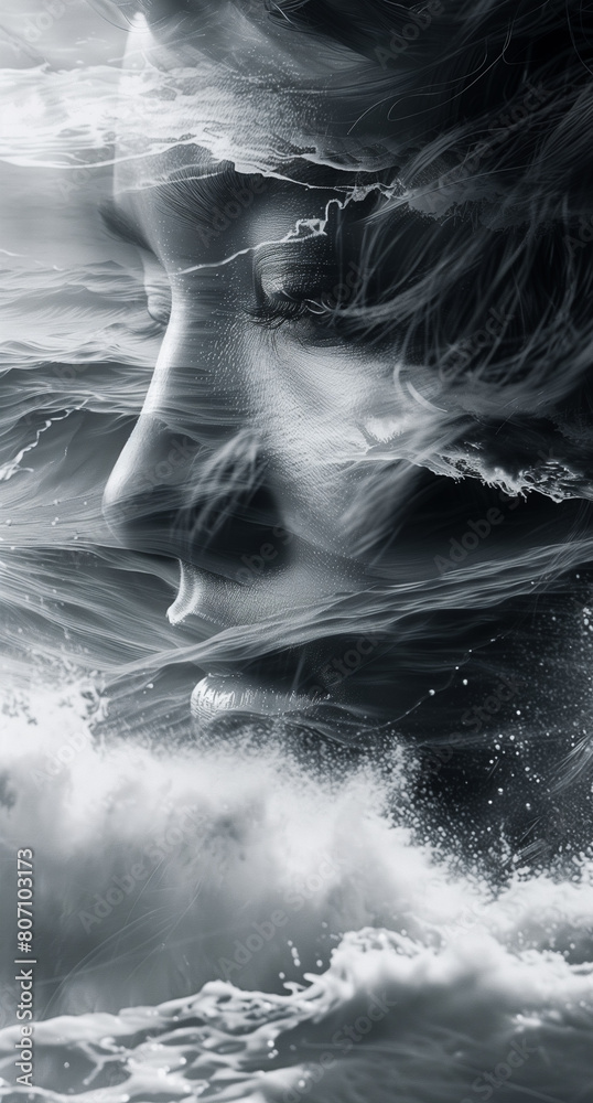 Obraz premium Woman with Sea and waves in mind, thinking about summer vacation minimal concept