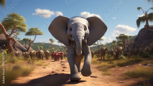 Elephant running in the middle of the road with safari cars following behind photo