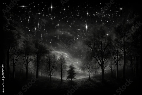 The dark forest is full of mystery. The stars are shining brightly in the sky. The path leading into the distance is unknown. photo