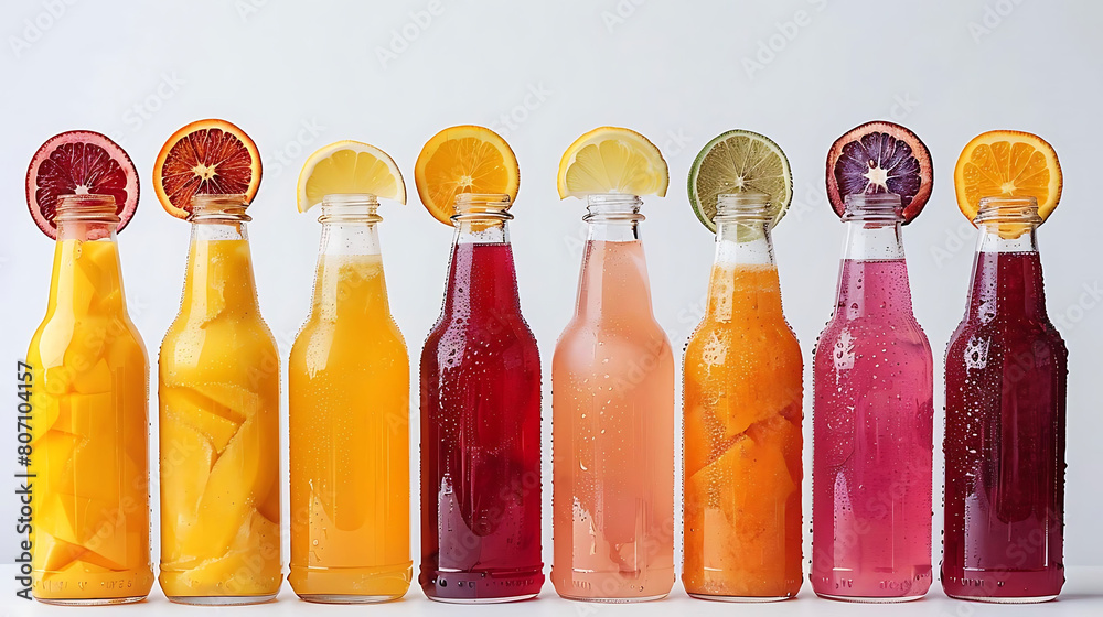assortment of freshly squeezed juices in glass bottles, including orange, pink, and red bottles, as well as a lemon, arranged from left to right assortment of freshly squeezed juices in glass bottles, including orange, pink, and red bottles, as well as a lemon, arranged from left to right