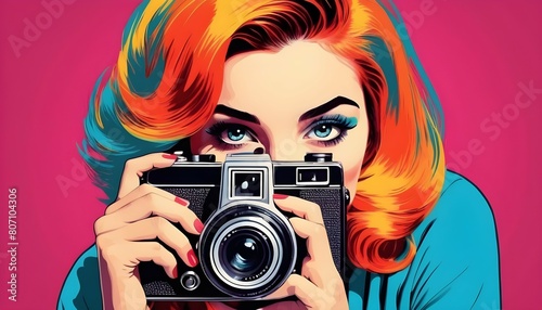 Illustrate a pop art girl with a vintage camera c