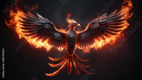 The image shows a phoenix rising from the ashes with its wings spread wide. The fire around it gives off a warm glow, and the creature's eyes are filled with determination. © charunwit