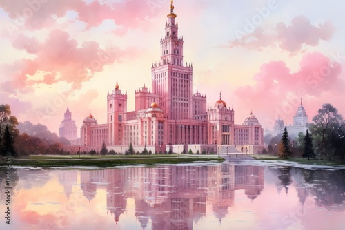 The photo shows a beautiful pink castle with a reflection in the water. The sky is a gradient of pink and yellow.