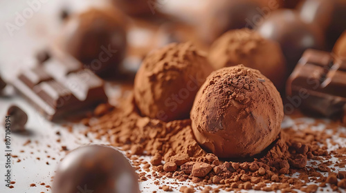 close - up of chocolate truffles with cocoa dusting, accompanied by a chocolate donut and a chocolate and brown ball photo