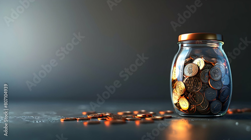 Photo realistic concept of a saving jar filled with coins, symbolizing financial discipline and careful planning for buying assets.