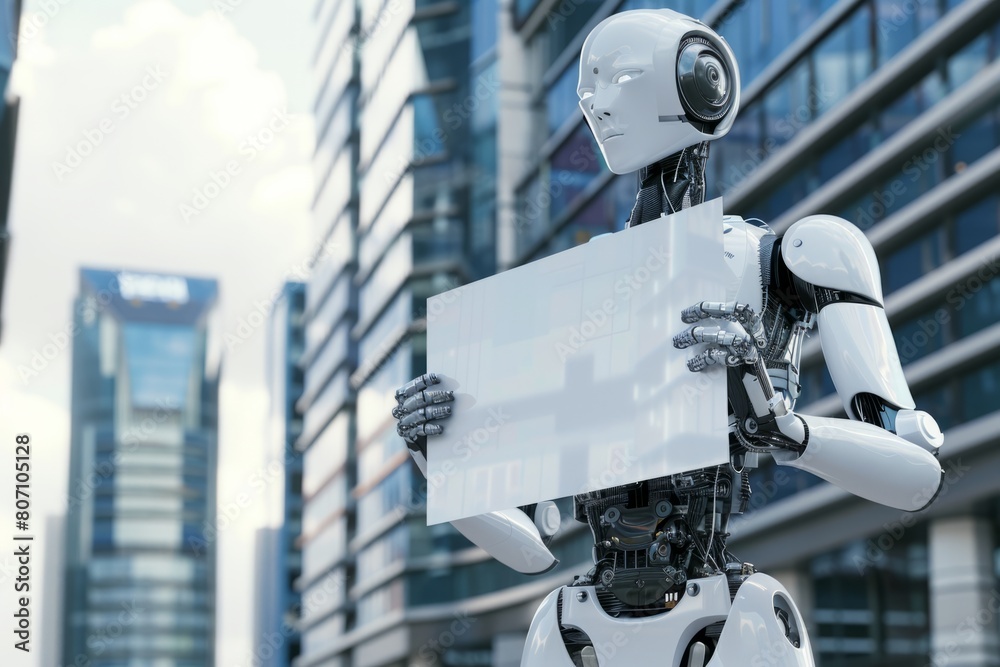 Futuristic AI Robot Holding Sign in Modern Office Setting
Futuristic AI Robot Holding Sign in Modern Office Setting