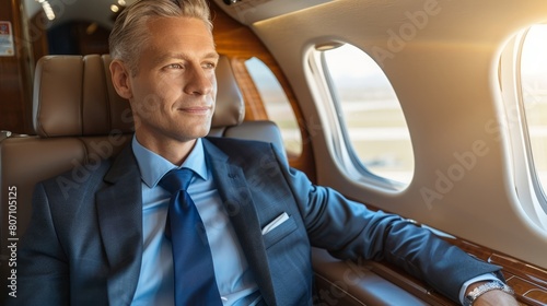   A man in a suit and tie sits in an airplane, gazing out the window at the landing strip where planes touch down © Mikus