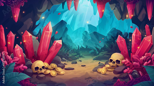 Treasure cave with red crystals on garden vector cartoon, gold coin and skull, illustration