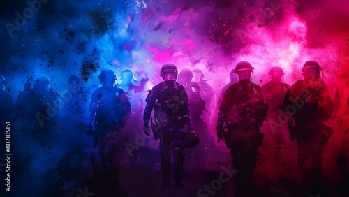 Digital art of riot police managing protesters in a demonstration. Concept Police, Protest, Demonstration, Digital Art, Riot photo