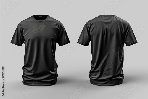 3D, mock up, blank black t-shirt front and rear on grey background, template, mockup, copy space