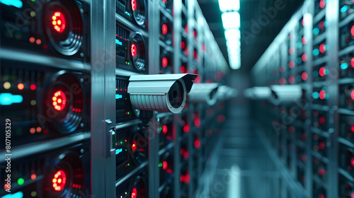 High-Tech Server Room with Surveillance Cameras Highlighting Physical Data Security photo