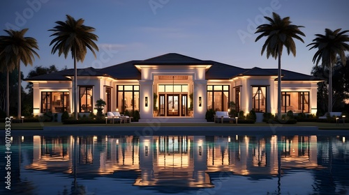 Beautiful luxury villa with swimming pool and palm trees at night.