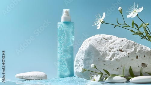 Blue Shampoo Bottle on Pristine White Rock with Neroli Flowers photo