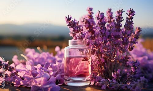 Jar with purple flowers on table AI Art