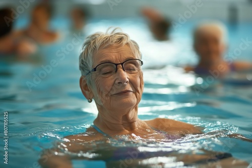 Relaxed senior woman floating in indoor pool with copy space © Tessa
