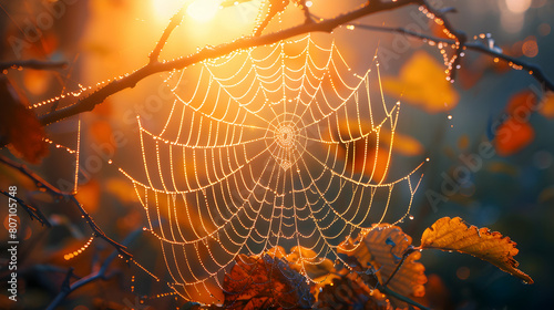 Photo realistic depiction of a spider meticulously weaving its web in the early morning dew, showcasing the masterful engineering skills of nature in the quiet forest - Adobe Stock