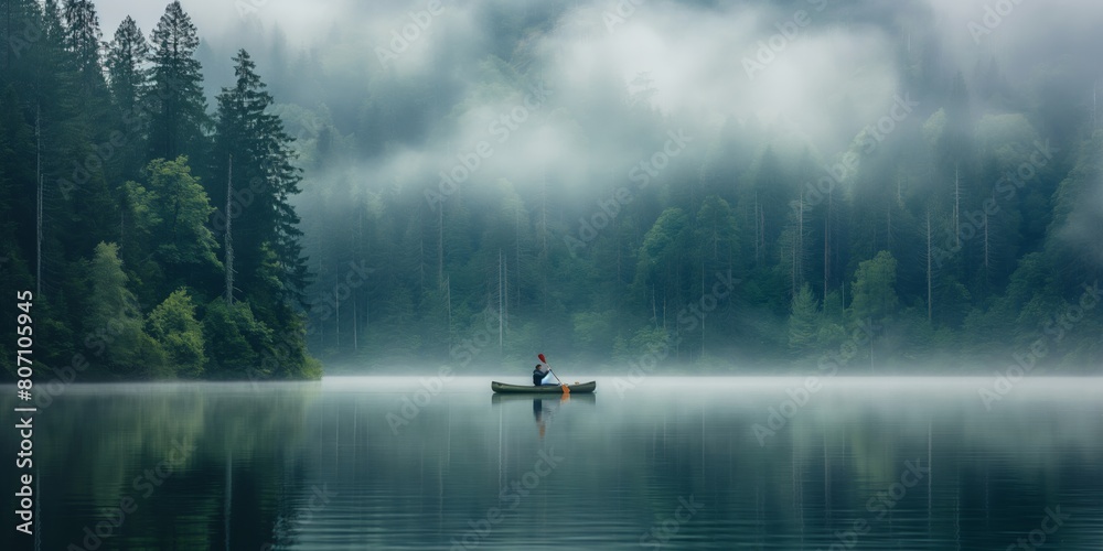 Fototapeta premium A lone fisherman in a canoe surrounded by forest and enveloped by early morning mist creating a mysterious and calm atmosphere