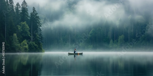 A lone fisherman in a canoe surrounded by forest and enveloped by early morning mist creating a mysterious and calm atmosphere
