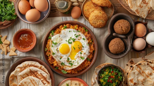 A traditional Egyptian breakfast spread with ful medames, falafel, eggs, and flatbread, a hearty and nutritious way to start the day.