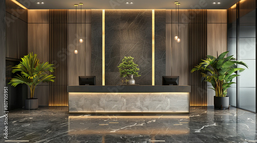 front desk office lobby with plant and stairs interior render 3d vector