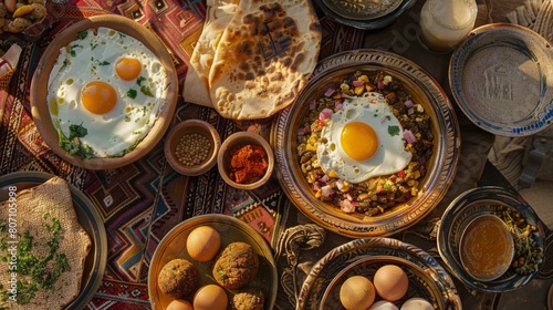 A traditional Egyptian breakfast spread with ful medames, falafel, eggs, and flatbread, a hearty and nutritious way to start the day.