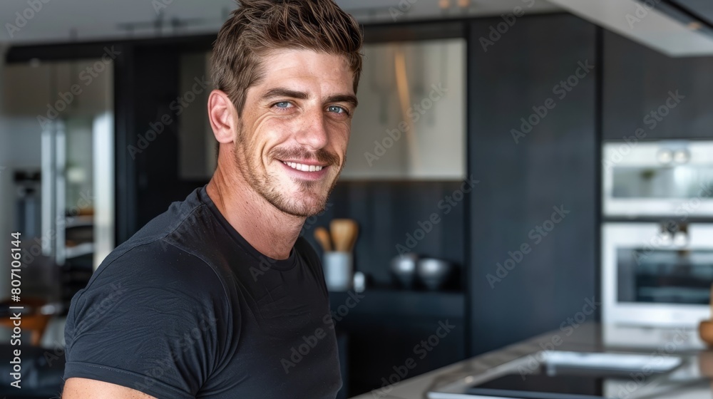 A man in a black shirt stands near a kitchen stove top oven and a counter with a laptop placed on it A man in a black shirt stands near a kitchen stove top oven and a counter with a laptop placed on it