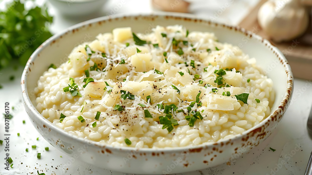 close - up of creamy risotto with parmesan shavings served in a white bowl, accompanied by a silver spoon and a white garlic close - up of creamy risotto with parmesan shavings served in a white bowl, accompanied by a silver spoon and a white garlic