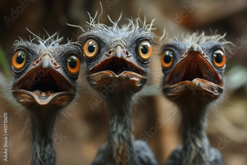Meme. Three fledgling birds with striking orange eyes and gaping beaks, set against a natural backdrop. Perfect for humorous memes or educational wildlife content. photo