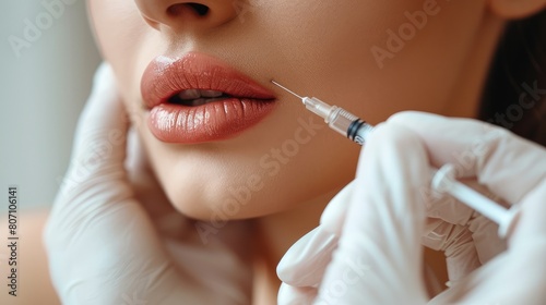 Beautiful young woman receiving botox injection in lips, closeup