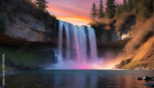 A sparkling waterfall reflecting the colors of a s upscaled 4