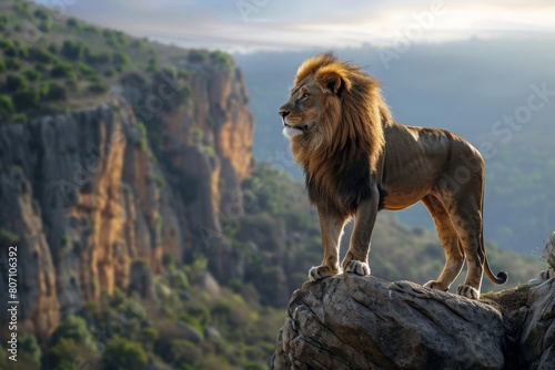 Majestic male lion standing on the cliff.
