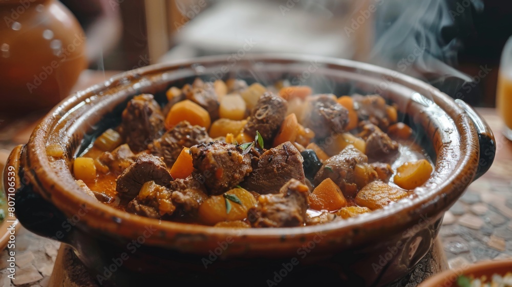 Fototapeta premium A traditional Moroccan tagine simmering with tender meat, vegetables, and aromatic spices, filling the air with irresistible fragrance.